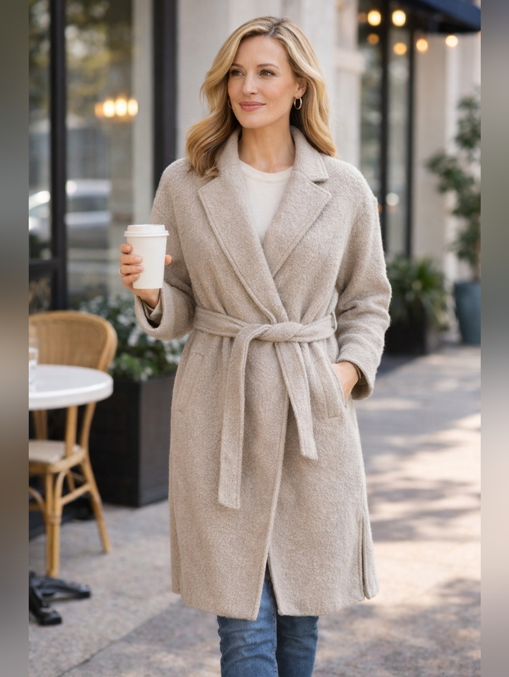 NWT Joie Oatmeal Bouclé Wrap Coat XL | Tie Waist Textured Jacket | Neutral Chic